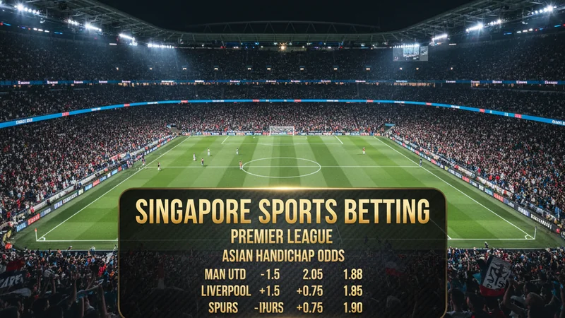 Premier League football stadium at night with floodlights, Asian handicap odds overlay, Singapore sportsbook