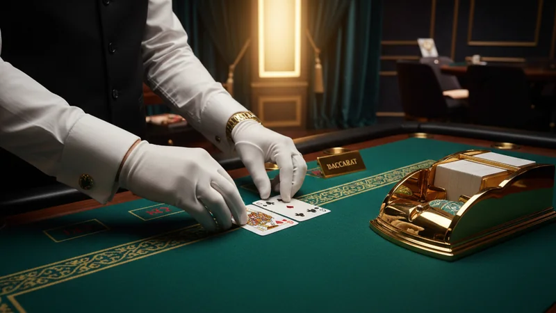 Live baccarat table with dealer hands placing cards on green felt, premium Evolution Gaming studio