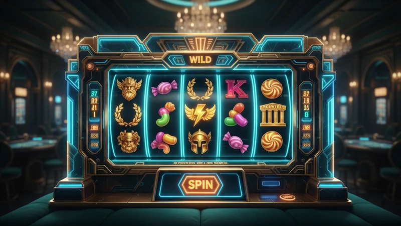 Vibrant online casino slots including Gates of Olympus and Sweet Bonanza glowing in neon and gold